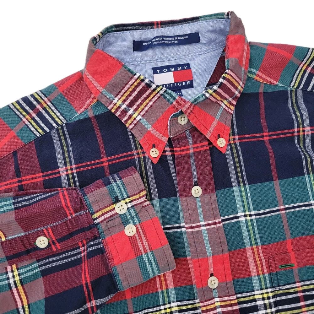 Vintage Tommy Hilfiger Mens M Shirt Long Sleeve Button Down Red Plaid cotton